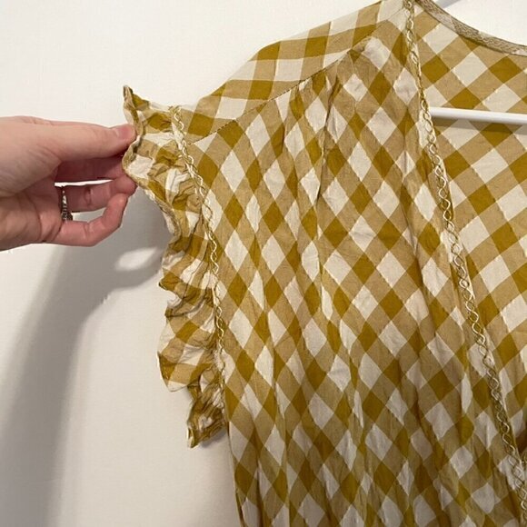MAX STUDIO Smocked Waist Flutter Sleeve Blouse Mustard Yellow White Gingham Boho - Picture 7 of 14